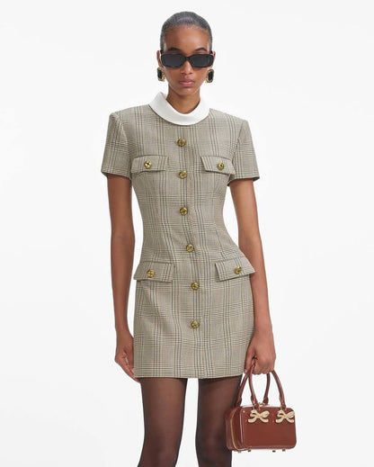 SP Check Wool Short-sleeved Mock neck Mini Dress