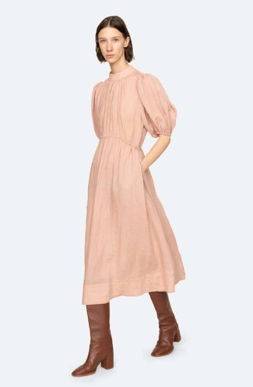 SE Anise S/S Short-Sleeved Ramie Puff Midi Dress (with detachable cotton slip)