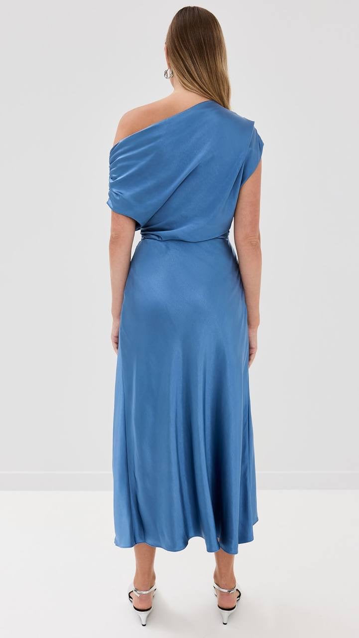 ALC Jasmine Ruched One Shoulder Satin Midi Dress
