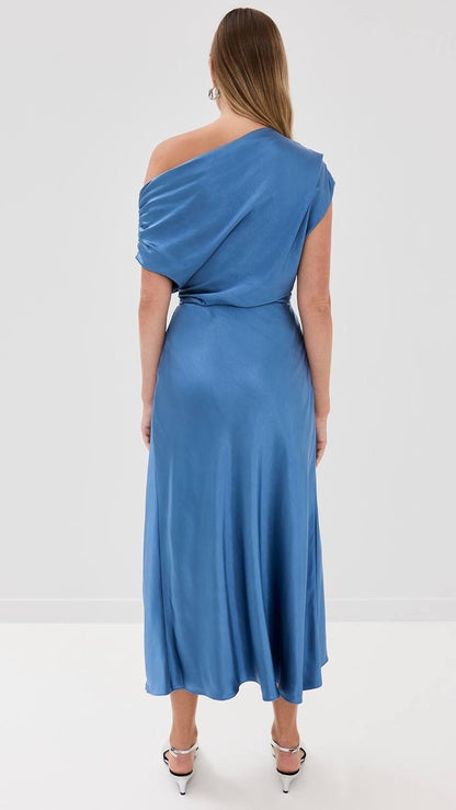 ALC Jasmine Ruched One Shoulder Satin Midi Dress