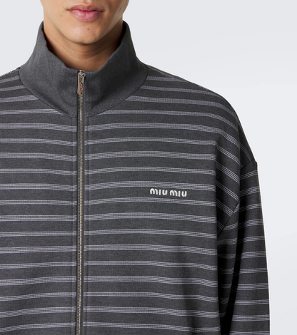 MM Grey White Striped Cotton Fleece Jacket