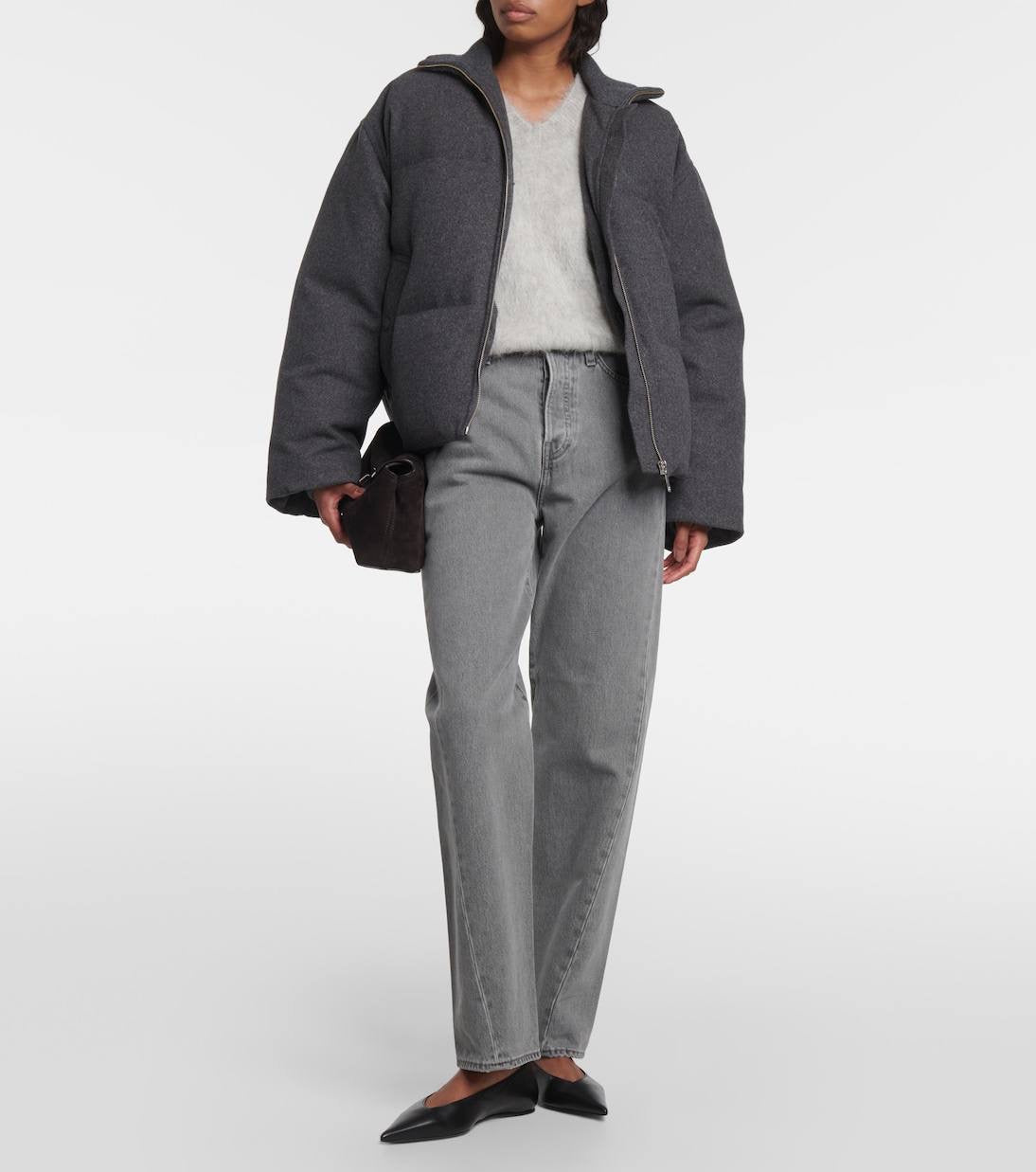 TOT Funnel Neck Down-filled Flannel-Wool Parka Puffer Jacket