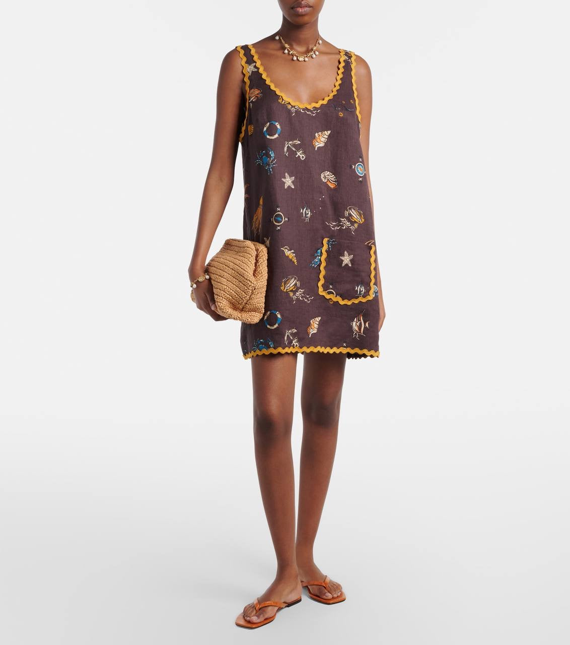 ALM Printed Scalloped Linen Mini Dress