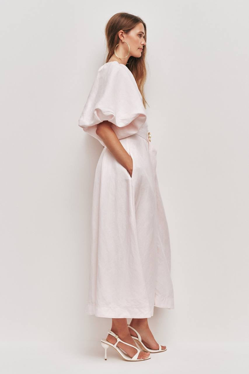 AJ Portrait Puff Sleeve Linen-blend Midi Dress