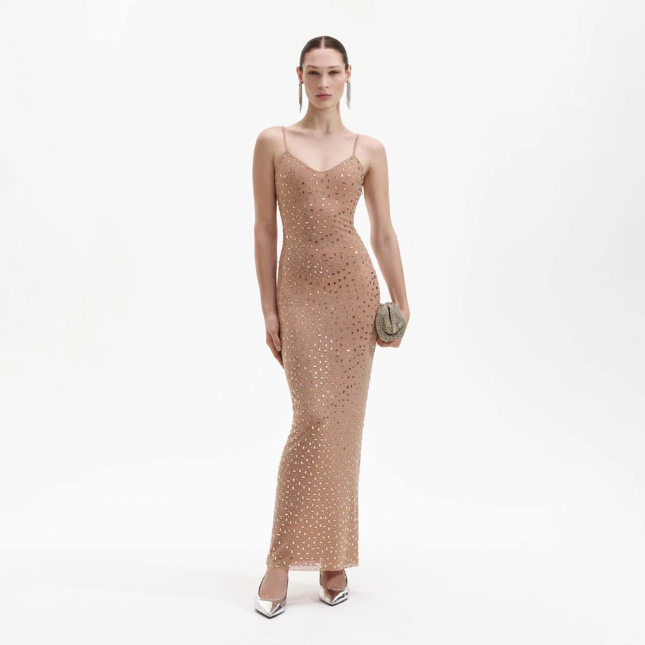 SP Gold Square Rhinestone Mesh Maxi Dress