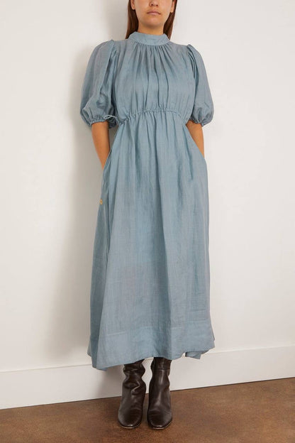 SE Anise S/S Short-Sleeved Ramie Puff Midi Dress (with detachable cotton slip)