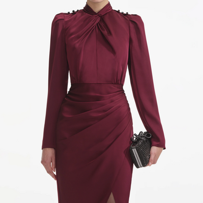 SP Burgundy Satin Midi Dress | Red Long-Sleeved