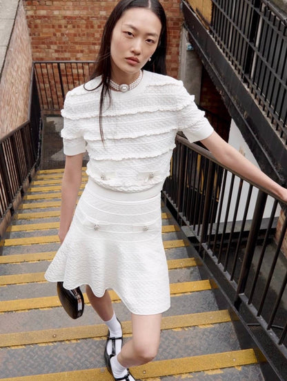 SP White Pointelle Short-Sleeve Sweater Top | Midi Skirt | Set
