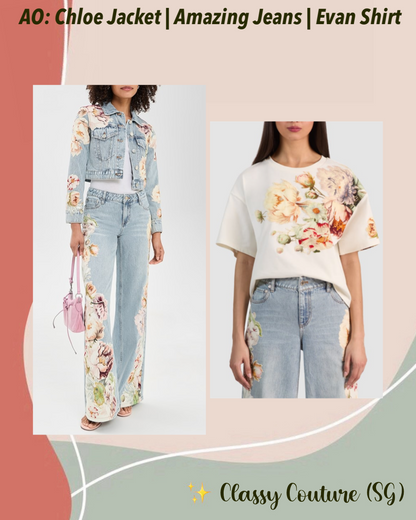 AO Chloe Embroidered Denim Jacket | Amazing Embroidered Jeans | Evan Appliqué Oversized Tee Shirt | Cotton Set