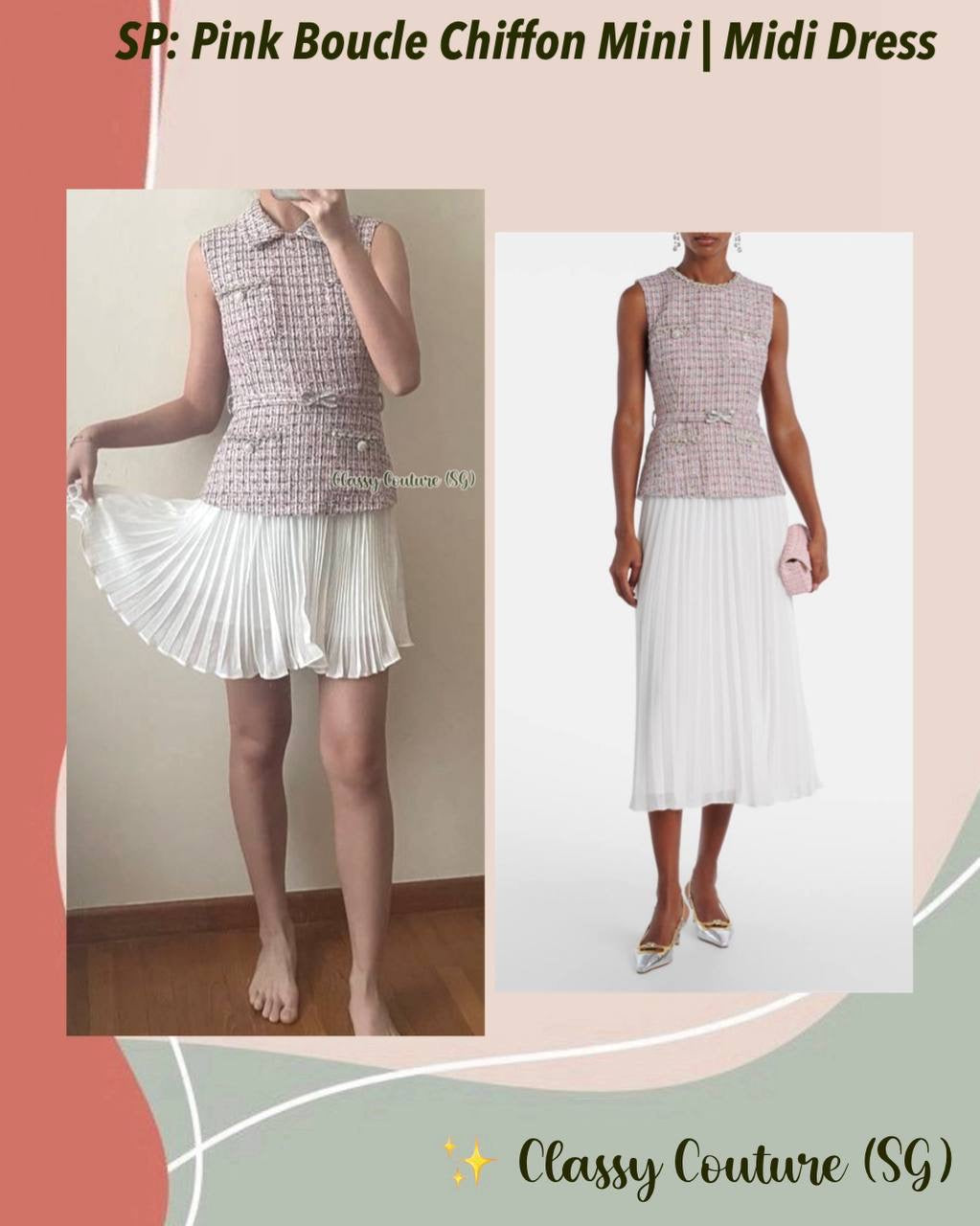 SP Pink Boucle Chiffon Collared Mini Dress | Bow Belted Midi Dress