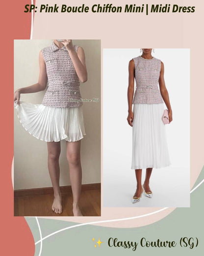 SP Pink Boucle Chiffon Collared Mini Dress | Bow Belted Midi Dress