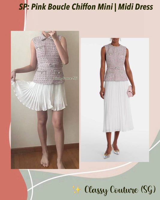 SP Pink Boucle Chiffon Collared Mini Dress | Bow Belted Midi Dress