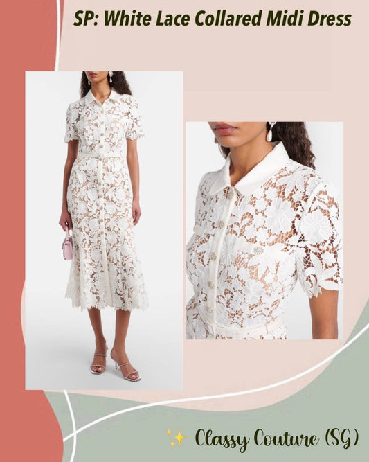 SP White Lace Collared Mermaid Belted Midi Dress