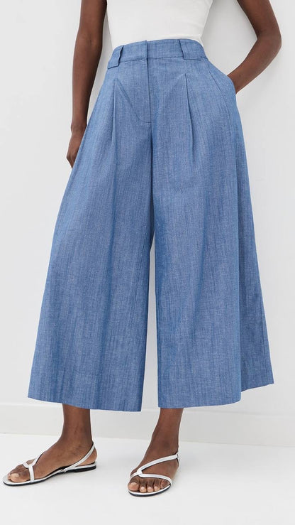 AA Godet Crop Tank Top | Bari Shorts/Crop Trousers | Elan Palazzo Pant | Chambray Blue Cotton-linen Set
