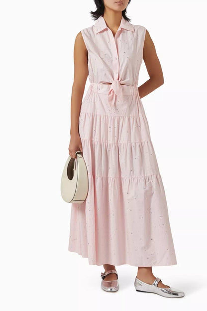 SD Azazel Pink Rhinestone Embellished Tie-Front Cotton Midi Dress