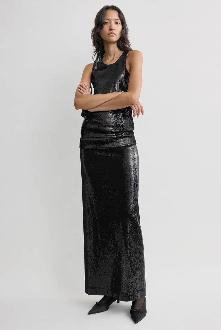 TOT Sequin Curved Sequin Tank | Long Sleeve Shirt | Low-waist Column Midi Skirt | Set