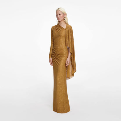 SP Gold Rhinestone Drape Midi Dress