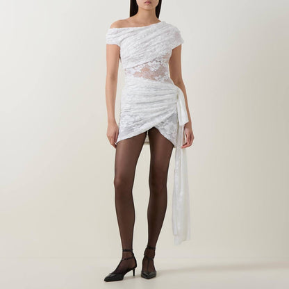 SP White Rhinestone One-Shoulder Stretch-Woven Mini Dress