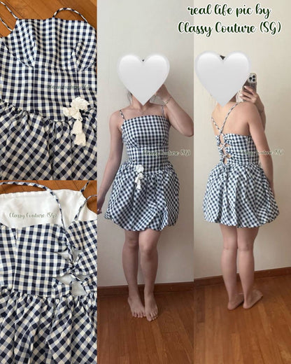 SP Navy Taffeta Gingham Bubble Mini Dress