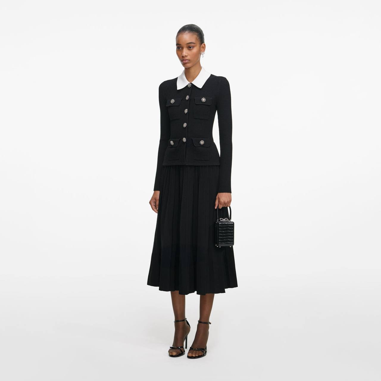 SP Black Contrast Collar Tailored Knit Mini | Midi Dress