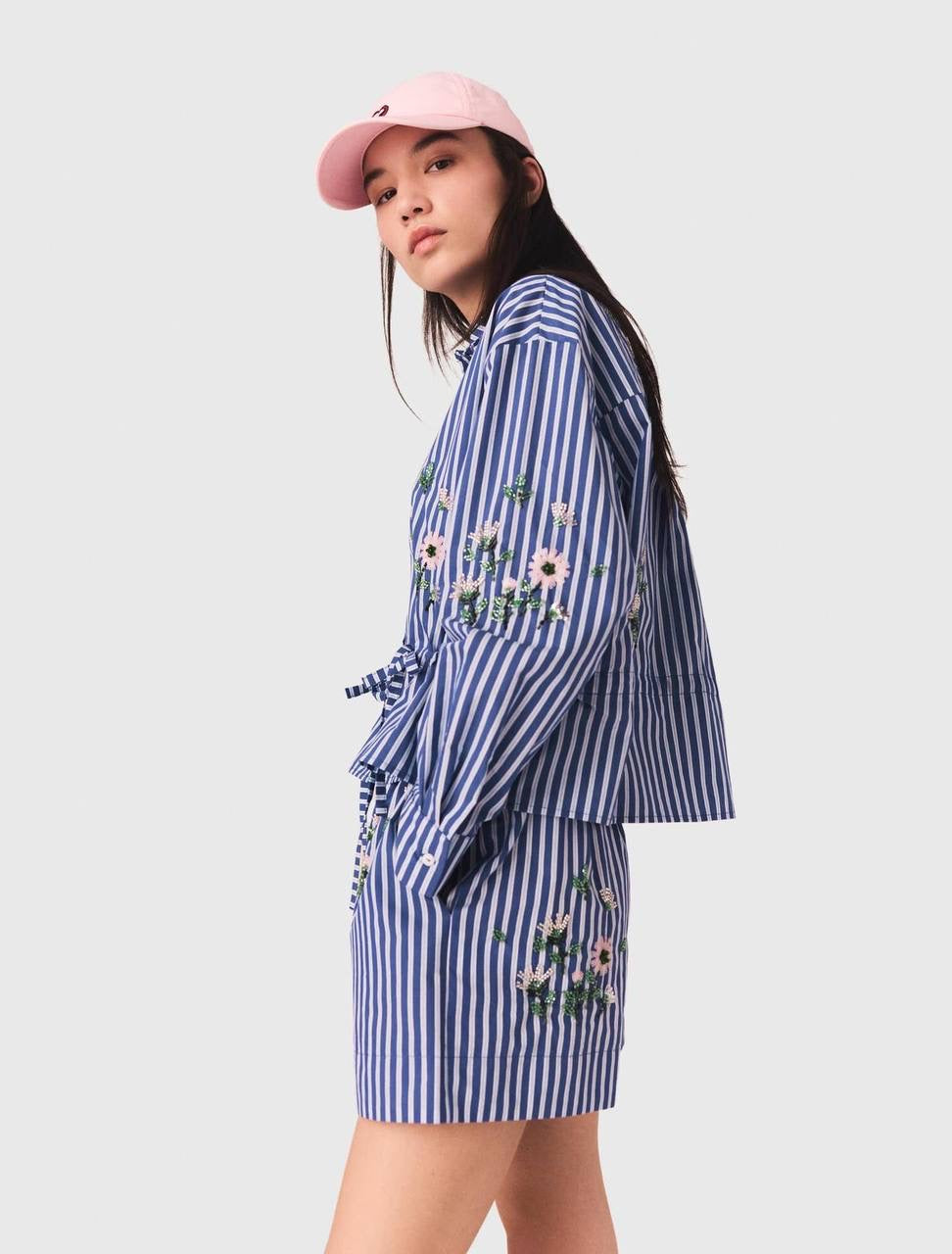 MJ Embroidered Bead Sequin Stripe Shirt | Shorts | Cotton-blend Set