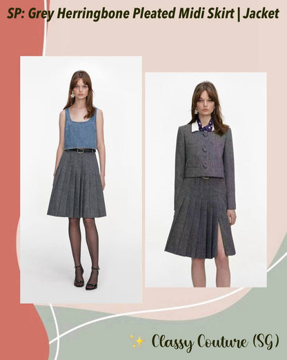 SP Grey Herringbone Scarf Detail Jacket | Pleated Midi Skirt (with belt) | Set