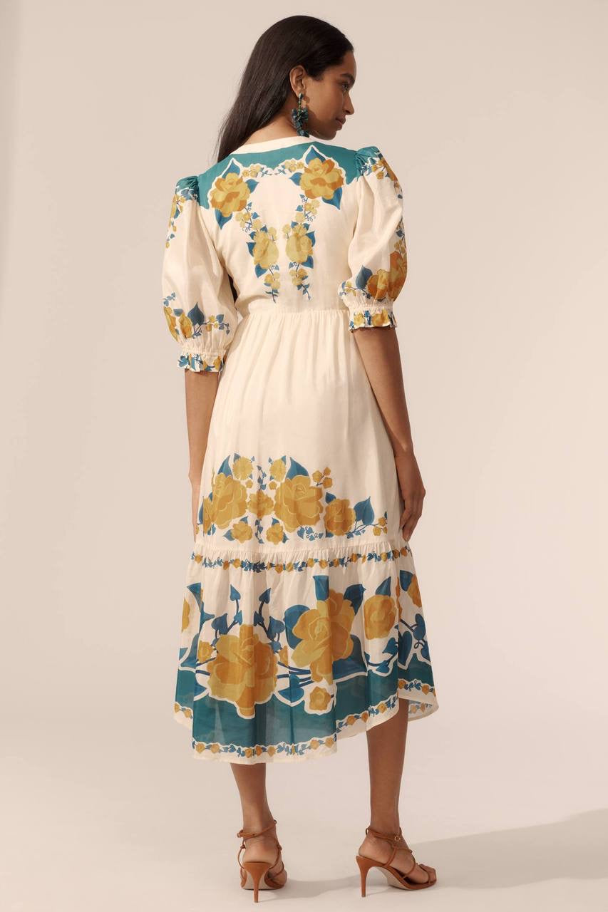 FR Anthro Viscose Puff-Sleeve Printed Midi Dress