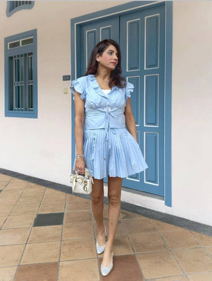 SD Azur Rhinestone Embellished Ruffle Crop Top | Stellie Pleated Mini Skirt | Cotton-blend Set