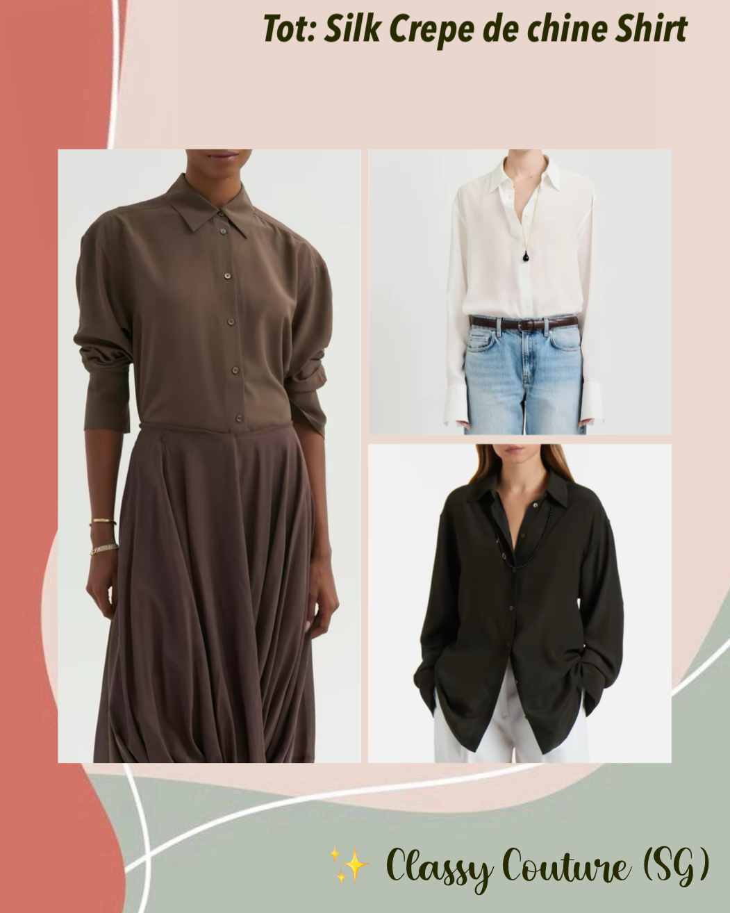 3 Colors! Tot Silk Crepe de chine Shirt