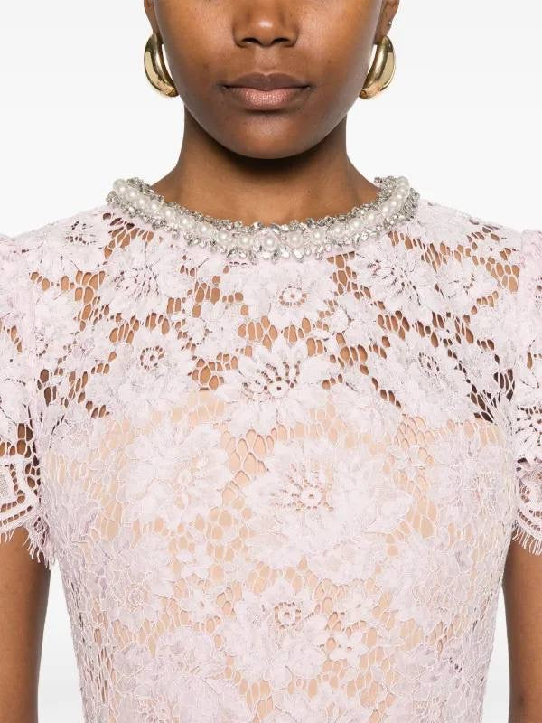 SP Pink Fine Lace Pearl Embellished Midi Dress