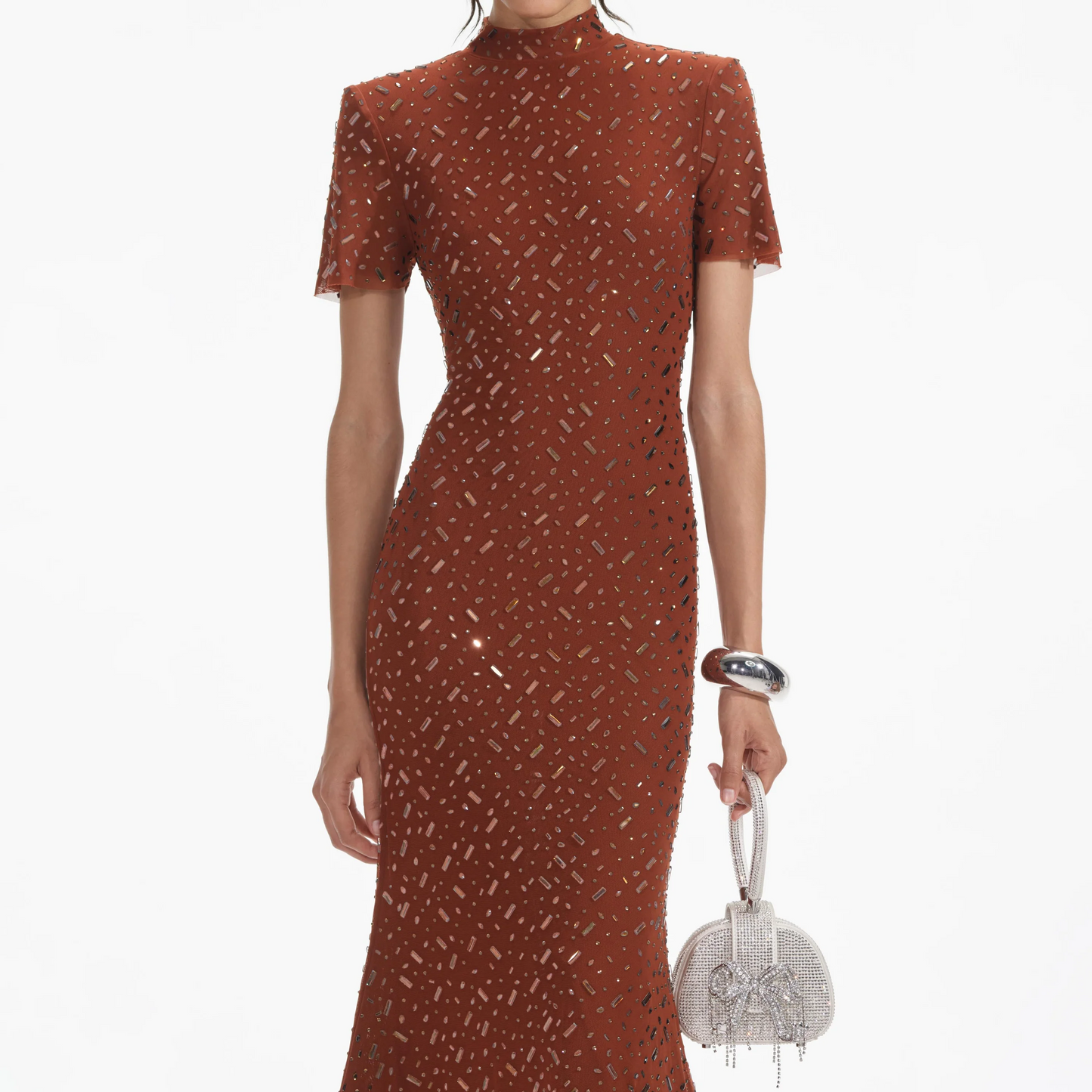 SP Brown Square Rhinestone Mesh Midi Dress