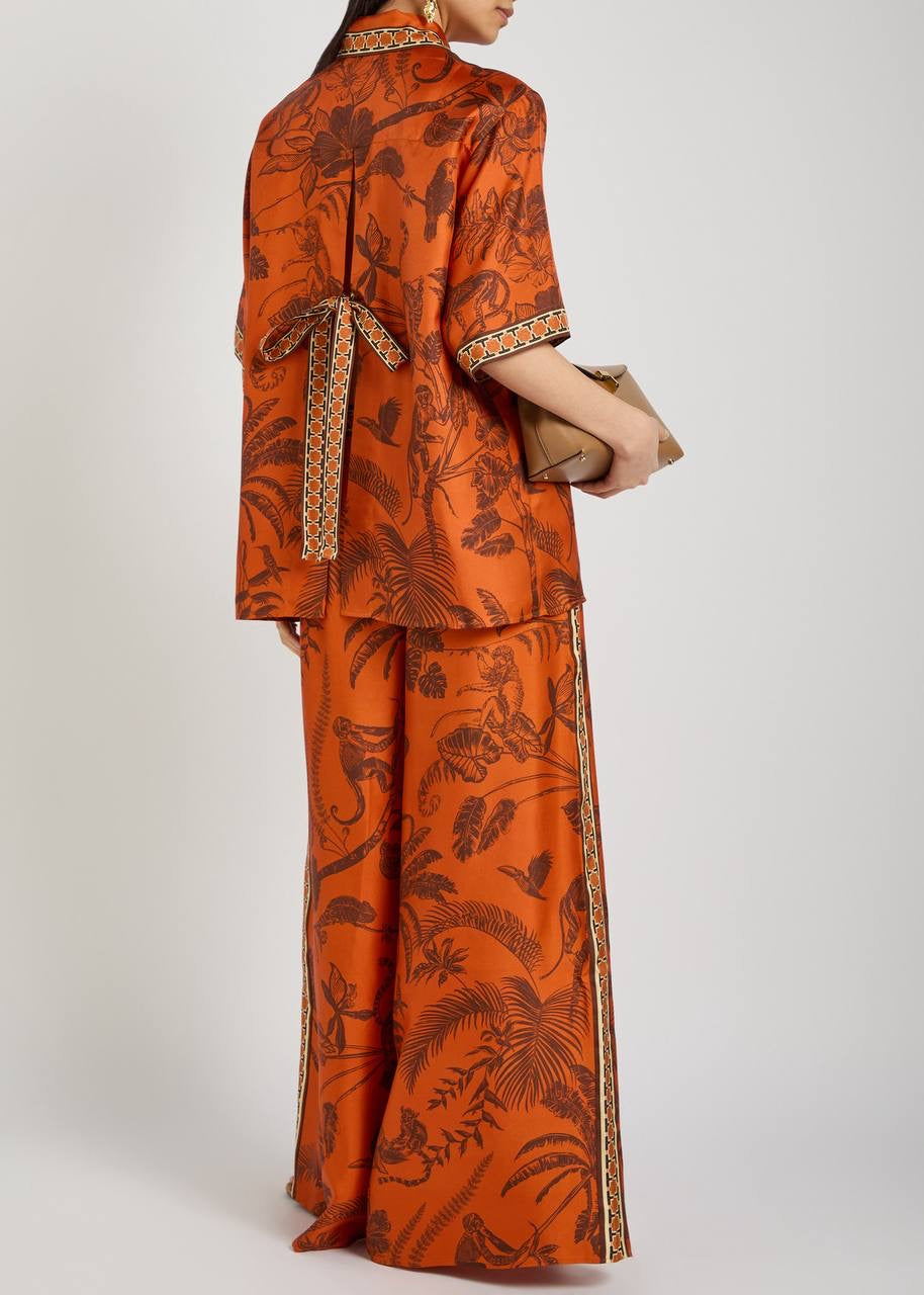 ALM Monkey Dance Printed Silk Satin Shirt | Pants | Set