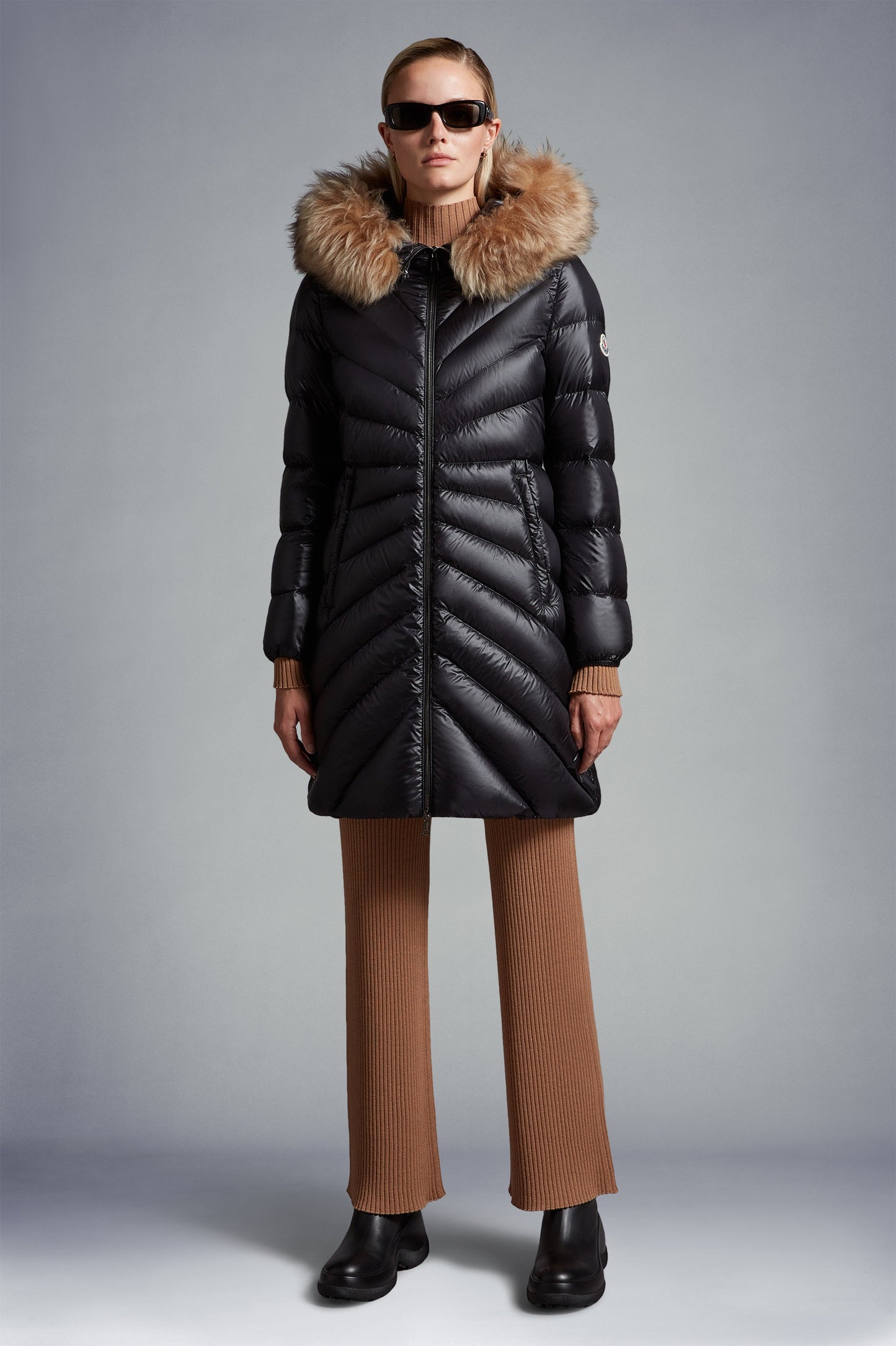 MC Chandre Long Down Puffer Jacket Coat With Removable Shearling Trim in Black