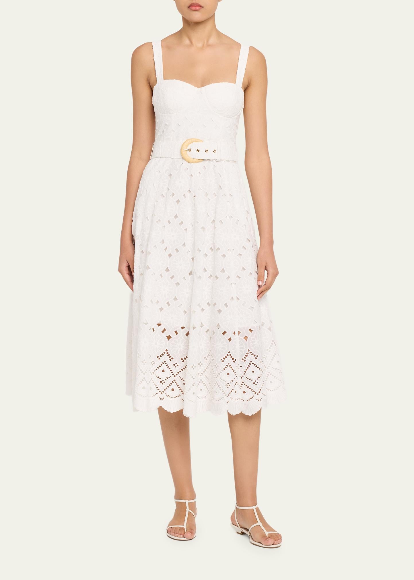 CC Calypso Bustier Belted Midi Dress in Floral Linen | Trellis Eyelet White Cotton