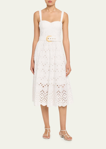 CC Calypso Bustier Belted Midi Dress in Floral Linen | Trellis Eyelet White Cotton