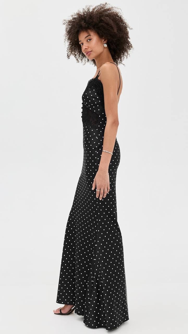 SP Polka Dot Satin Lace Strappy Maxi Dress