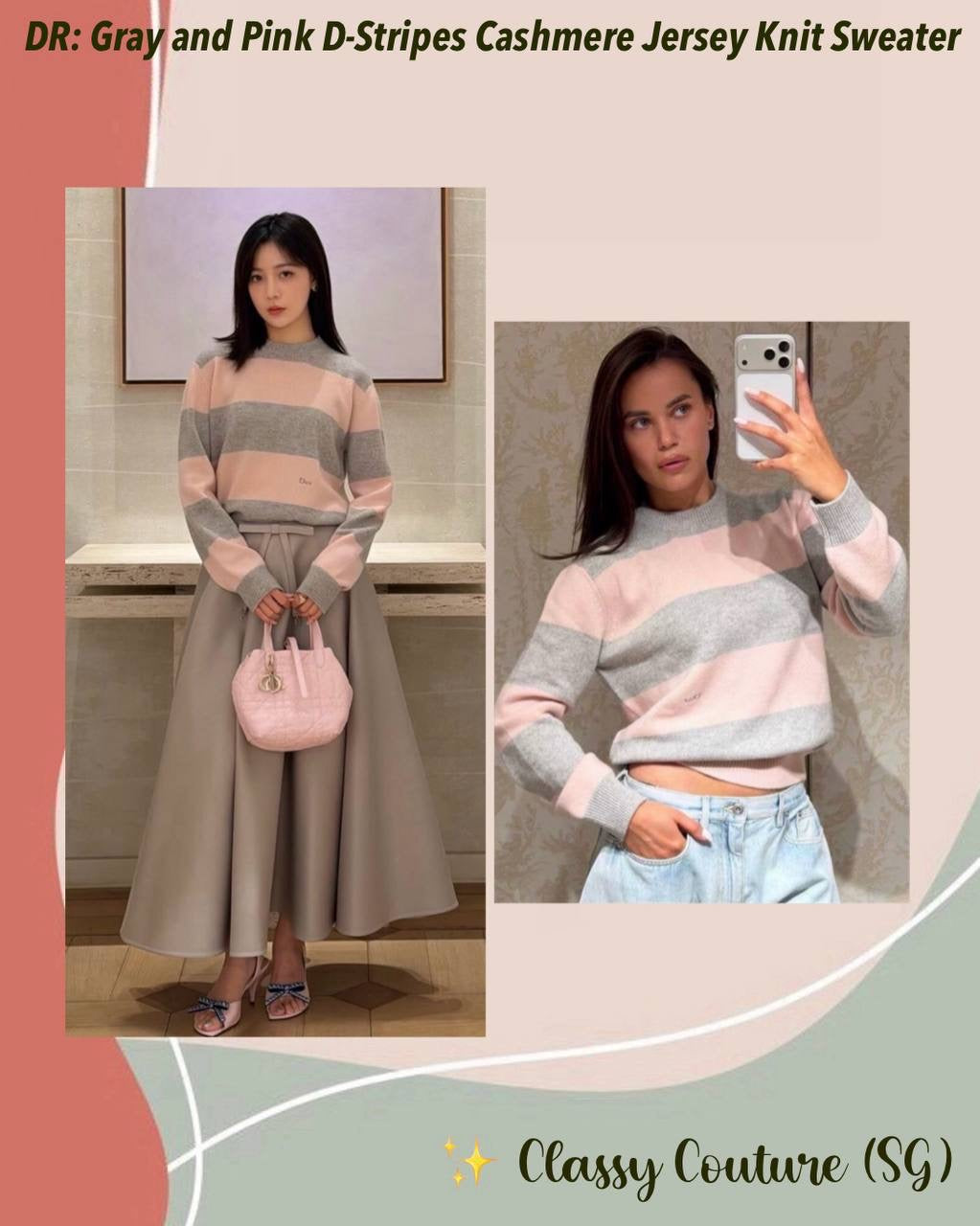 DR Gray and Pink D-Stripes Cashmere Jersey Knit Sweater