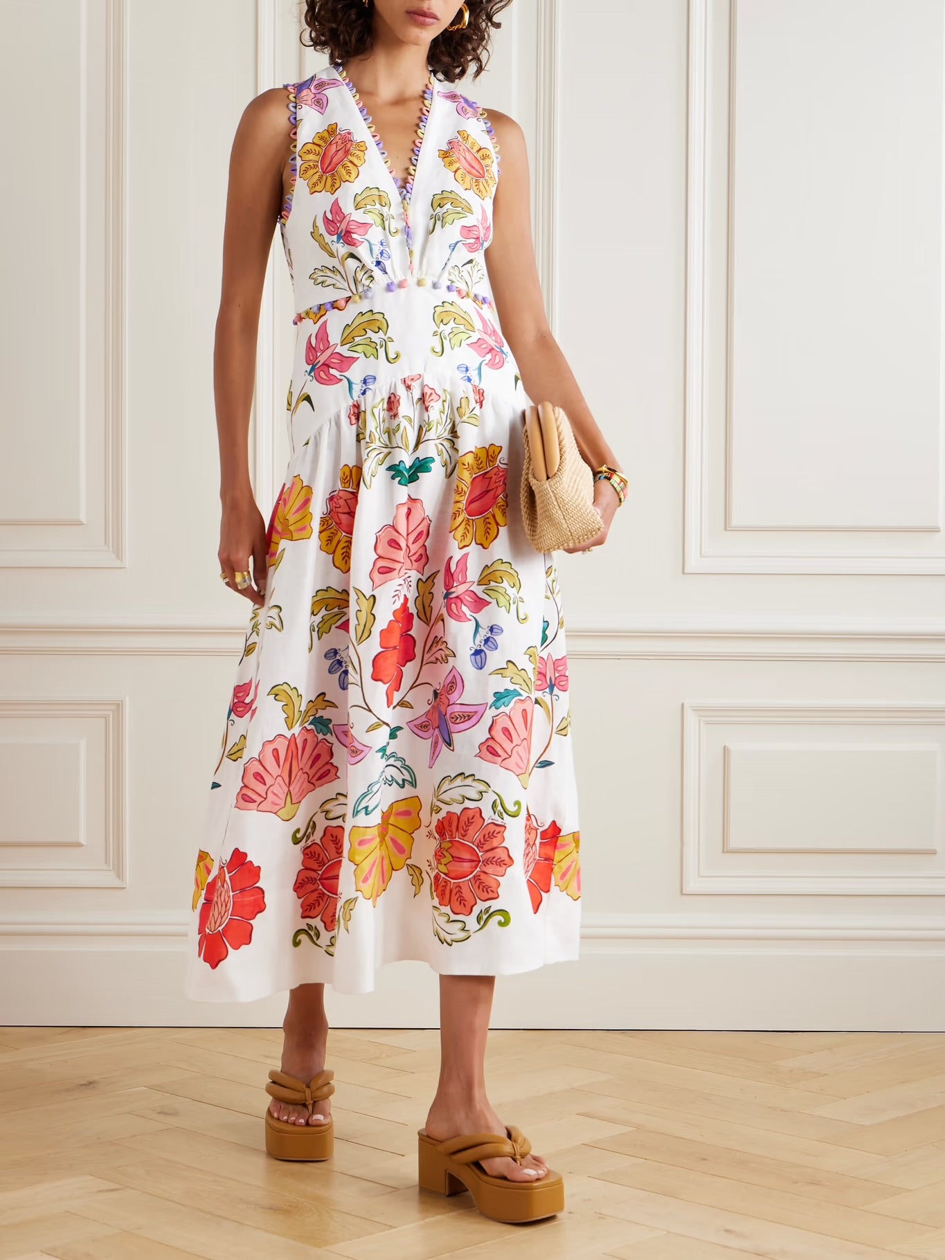 FR Floral Insects Plunge Neck Embellished Printed Linen Midi Dress