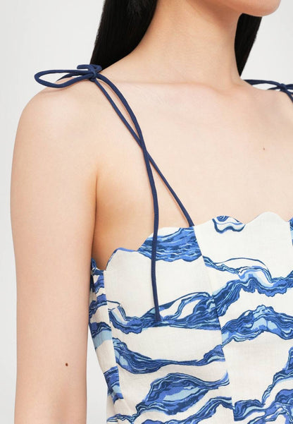 HFM Yara Tie Tank Cami Top | Petra Shorts | Sea/light blue Scallop Hem Cotton-Linen Set