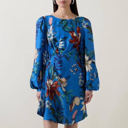 FR Blue Surreal Flowers Viscose Wrap Mini Dress