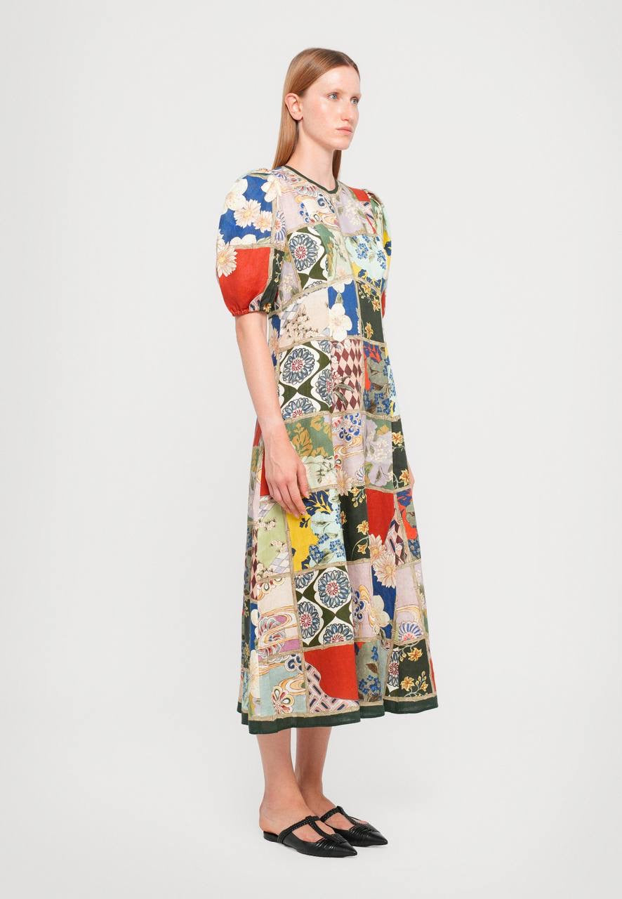 ALM Bianca Puff Sleeve Linen Midi Dress