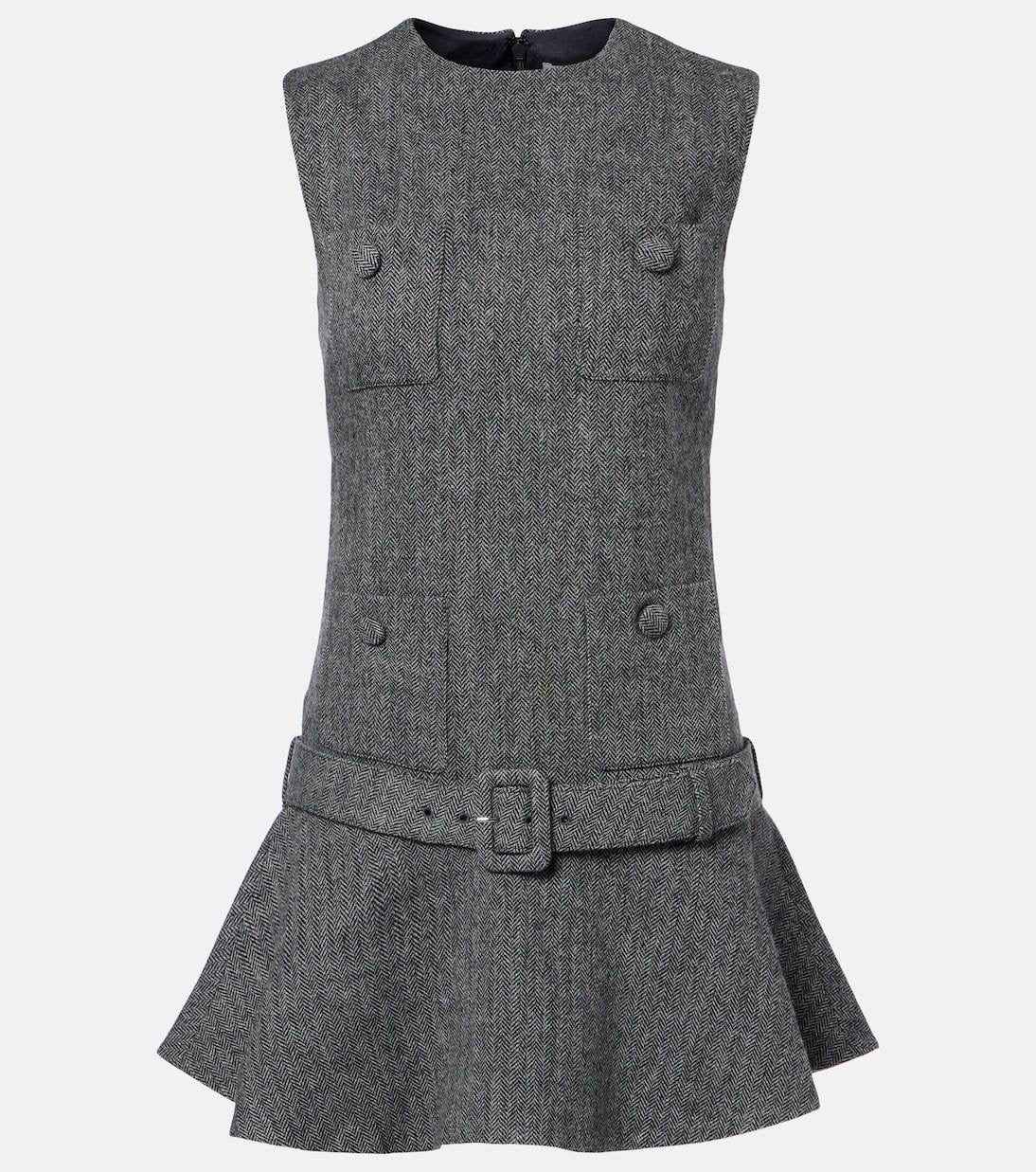 SP Grey Herringbone Belted Drop Waist Flared Mini Dress