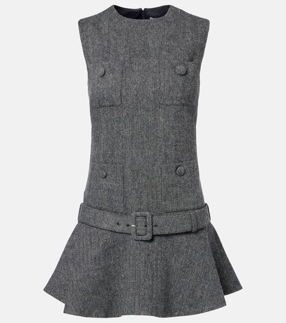 SP Grey Herringbone Belted Drop Waist Flared Mini Dress
