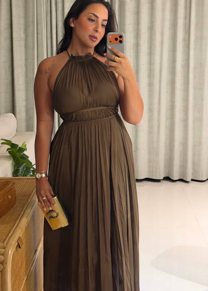 MJ Pleated Halter Neck Midi Dress