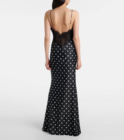 SP Polka Dot Satin Lace Strappy Maxi Dress
