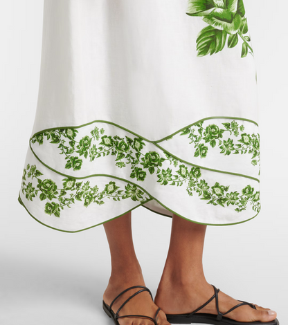 FR Green Floral Cascade Blue Yard Linen-Viscose Midi Dress