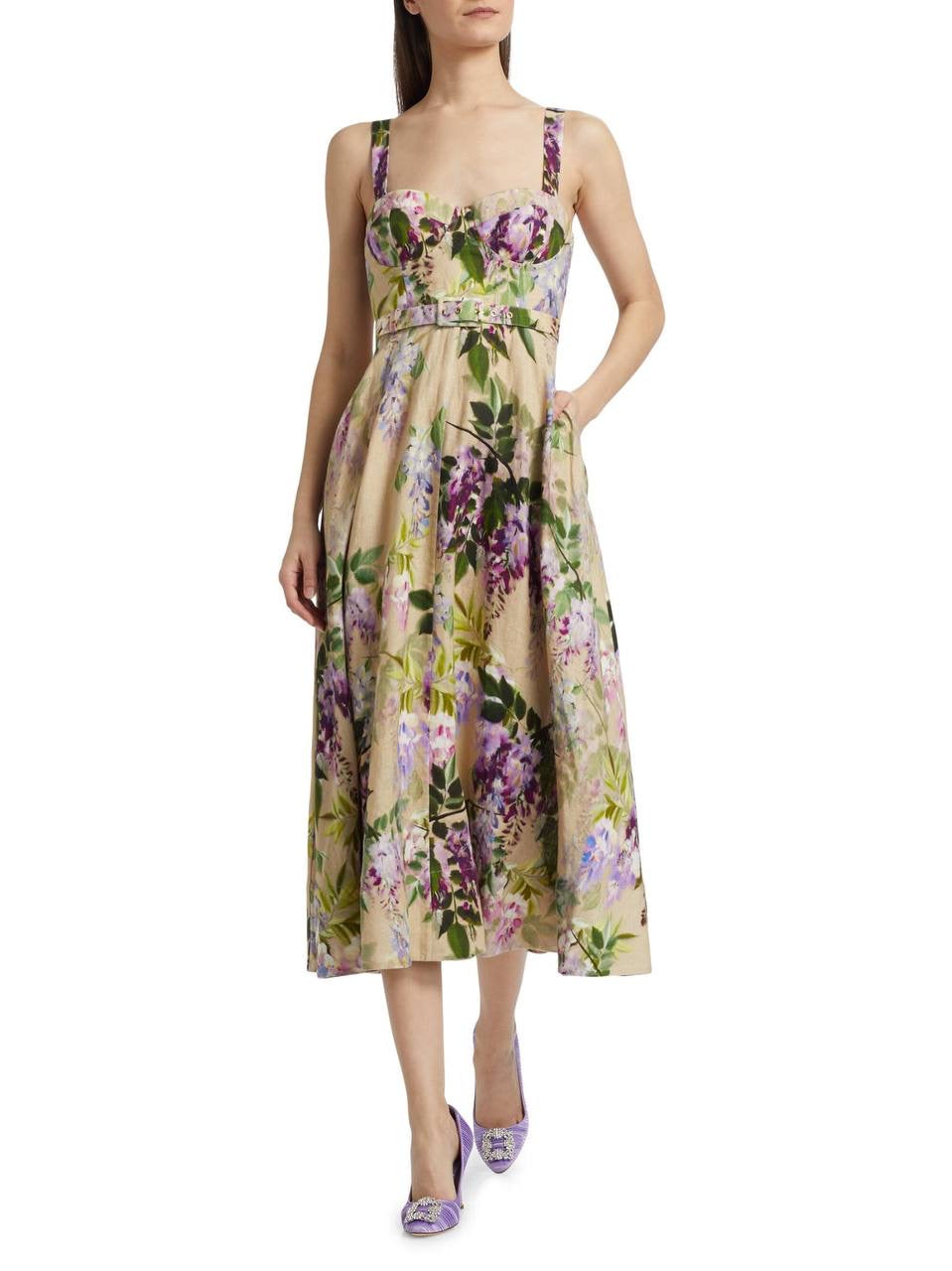 CC Calypso Bustier Belted Midi Dress in Floral Linen | Trellis Eyelet White Cotton