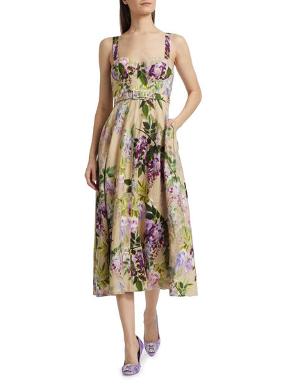 CC Calypso Bustier Belted Midi Dress in Floral Linen | Trellis Eyelet White Cotton