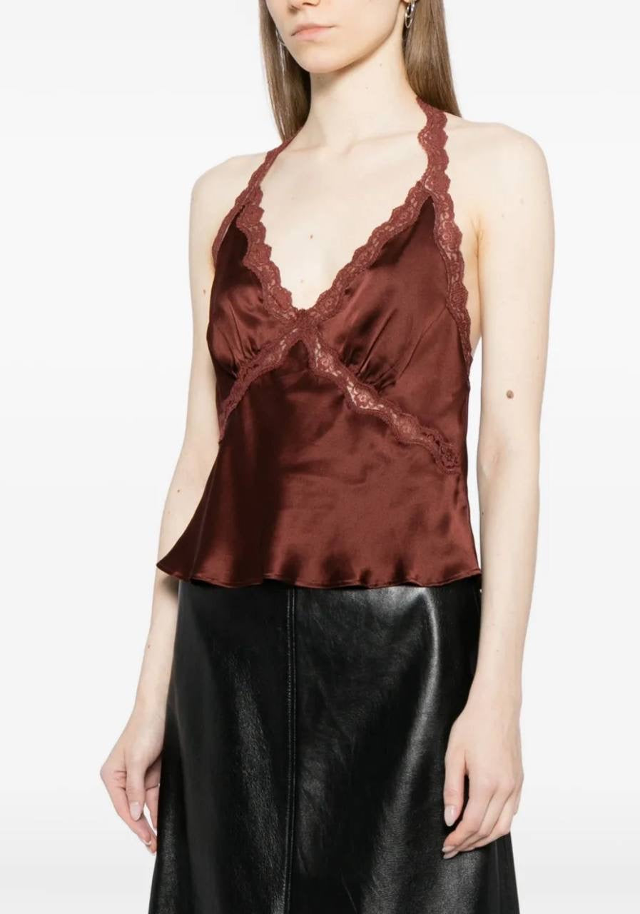 6 Colors! Ref Monica Silk Halter Lace Trim Top