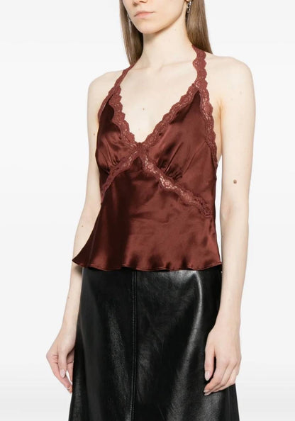 6 Colors! Ref Monica Silk Halter Lace Trim Top